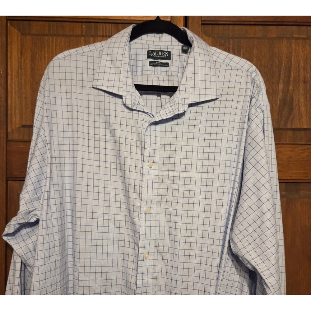 Lauren Ralph Lauren Button Down Mens 18.5 34/35 Blue Grid Performance Stretch